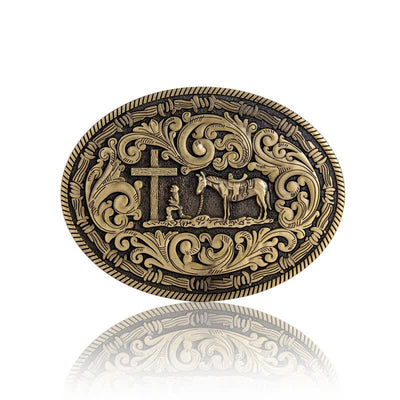 Men's DIY Praying Cowboy Oval Buckle Leather Belt