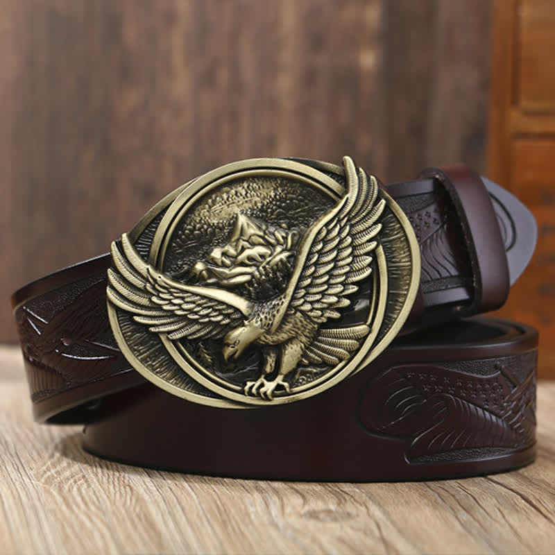 Men's Novelty Flying Eagle Buckle Carved Pattern Leather Belt - Brown / Bronze - 46 - image 6