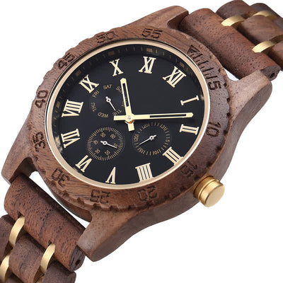 Men's Walnut Wood Three Sub-Dial Wooden Watch