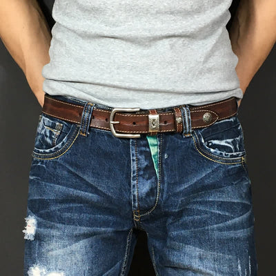 Men's Vintage Rivet Decor Full Grain Leather Belt