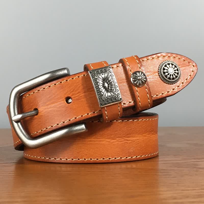 Men's Vintage Rivet Decor Full Grain Leather Belt