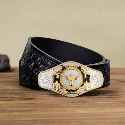 Men's DIY Western Golden Animal Buckle Leather Belt - Bull Head - Black Embossed Weave Belt (110 cm/44 inch) - image 23
