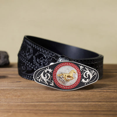 Men's DIY Western Black Gold Animal Buckle Leather Belt - Running Horse - Black Carved Belt (40) - image 10