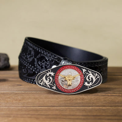 Men's DIY Western Black Gold Animal Buckle Leather Belt - Bull Head - Black Carved Belt (40) - image 27