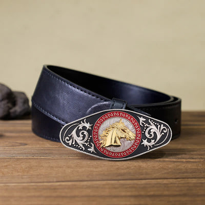 Men's DIY Western Black Gold Animal Buckle Leather Belt - Horse Head - Black PU Belt (40) - image 16