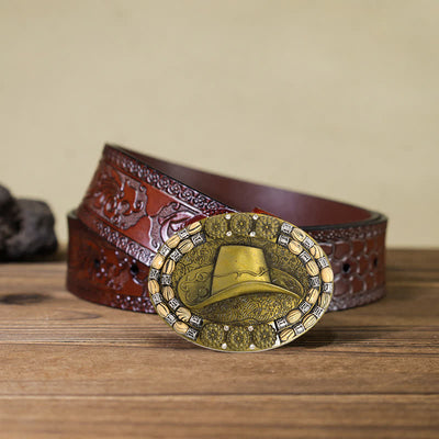 Men's DIY Gold Cowboy Hat Beads Decor Buckle Leather Belt