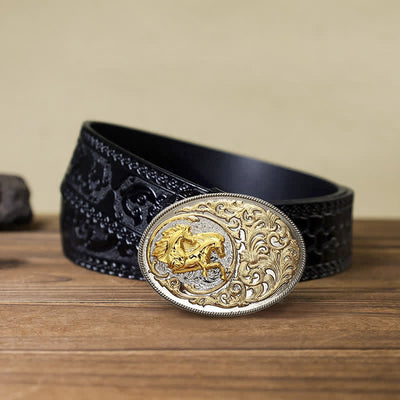 Men's DIY Luxury Gold Horse Head Buckle Leather Belt