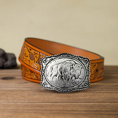 Men's DIY Silver Engraved Buffalo Buckle Leather Belt