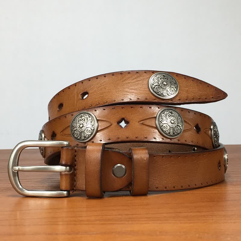 Vintage Round Carving Flower Rivet Leather Belt - image 2