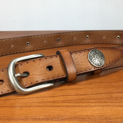 Vintage Round Carving Flower Rivet Leather Belt - image 5