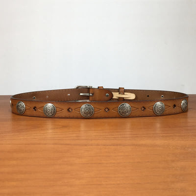 Vintage Round Carving Flower Rivet Leather Belt - image 4