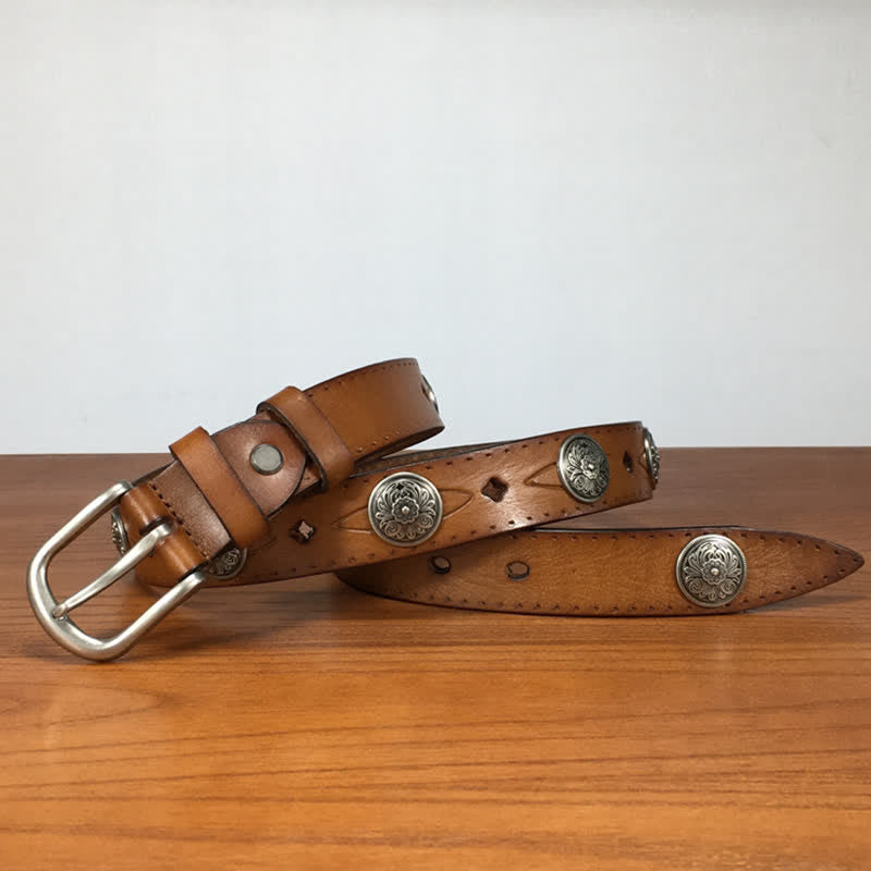 Vintage Round Carving Flower Rivet Leather Belt - image 1