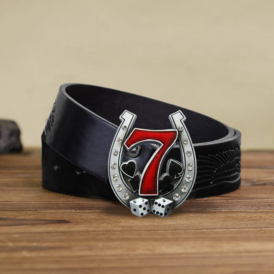 Men's DIY Horseshoe Lucky 7 Casino Buckle Leather Belt