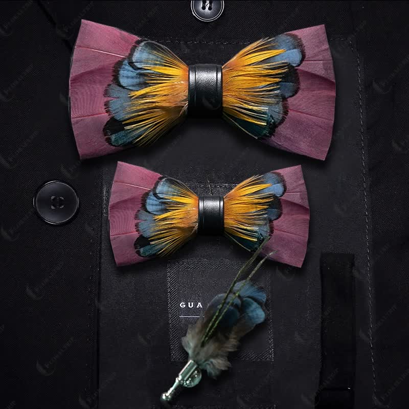 Kid's Pink & Orange Symmetrical Feather Bow Tie with Lapel Pin