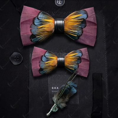 Kid's Pink & Orange Symmetrical Feather Bow Tie with Lapel Pin