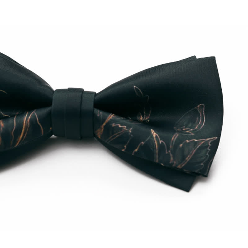 Clearance: Men's Lotus Printing Black Double Layered Bow Tie