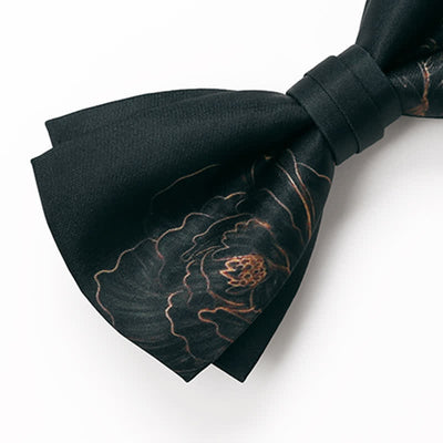 Clearance: Men's Lotus Printing Black Double Layered Bow Tie