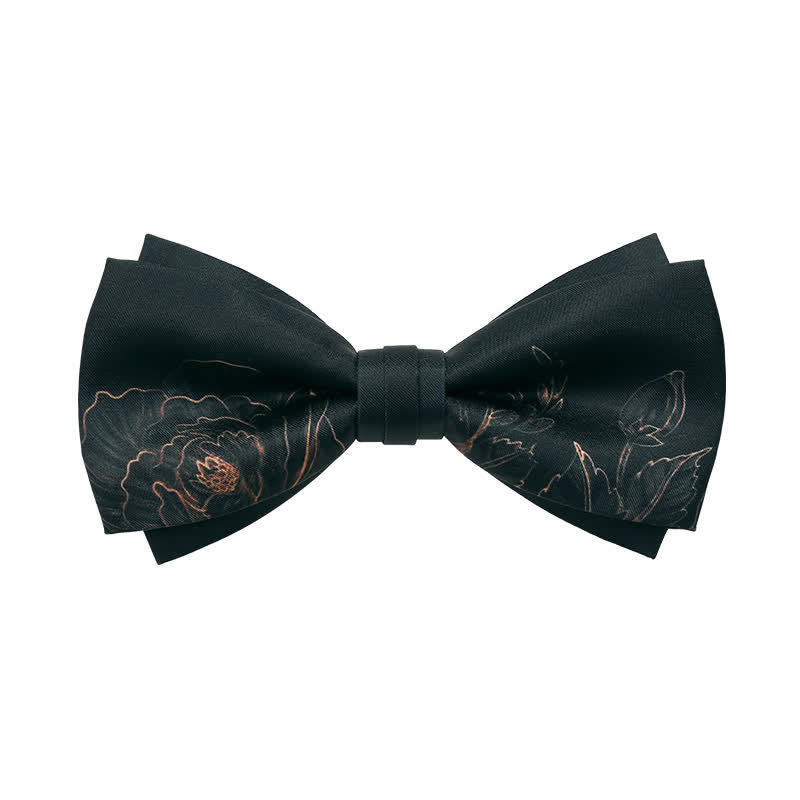 Clearance: Men's Lotus Printing Black Double Layered Bow Tie