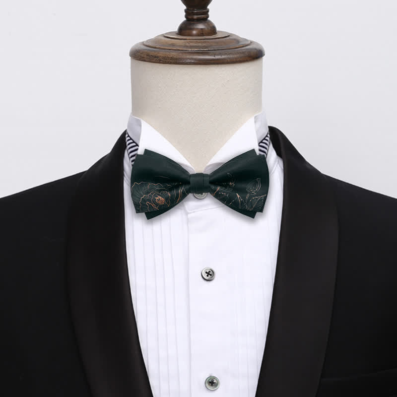 Clearance: Men's Lotus Printing Black Double Layered Bow Tie