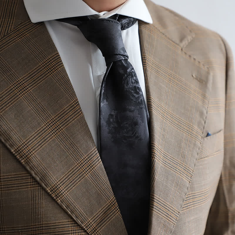 Men's Black Peony Classic Flower Business Necktie Pocket Square
