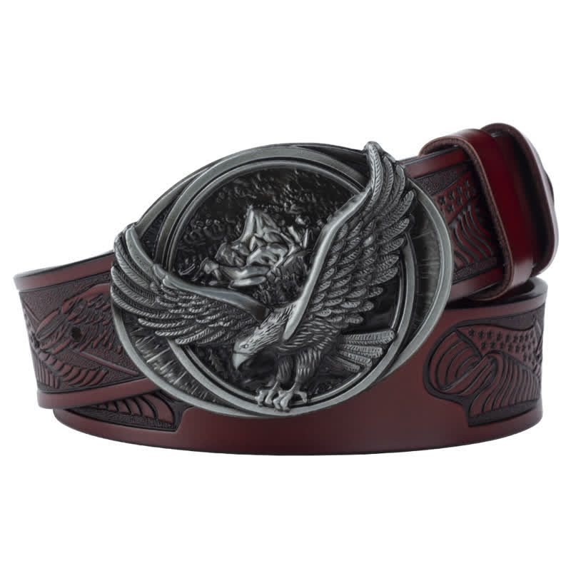 Men's Novelty Flying Eagle Buckle Carved Pattern Leather Belt - Reddish Brown / Silver - 46 - image 10