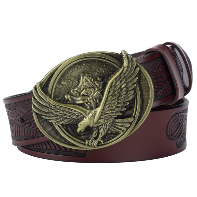Men's Novelty Flying Eagle Buckle Carved Pattern Leather Belt - Reddish Brown / Bronze - 46 - image 9