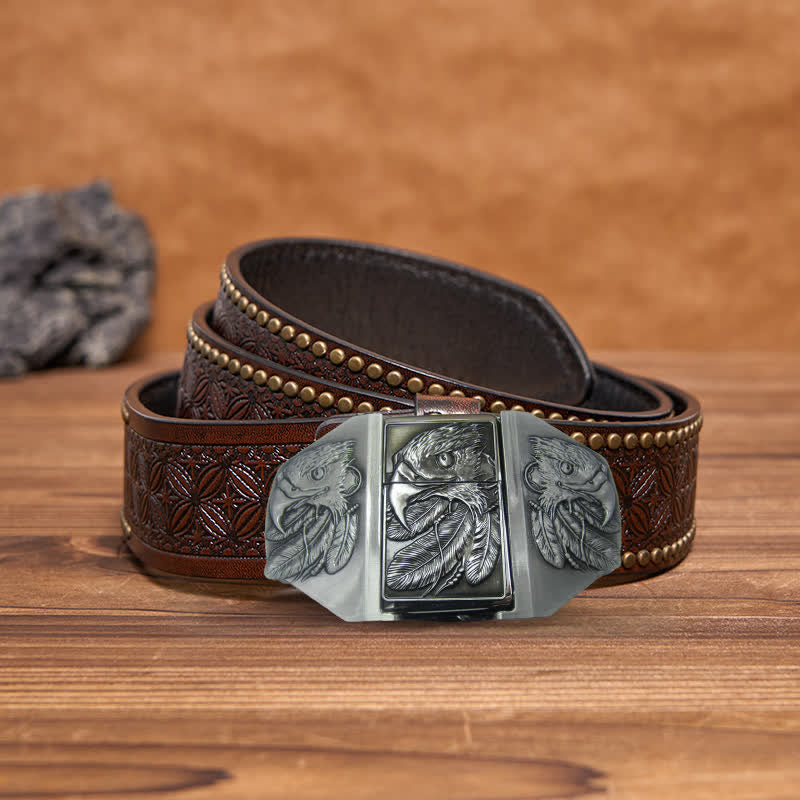 Men's DIY Silver Triple Eagle Leather Belt with Hidden Lighter