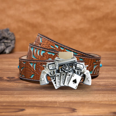 Men's DIY Double Pistol Poker Leather Belt with Hidden Lighter