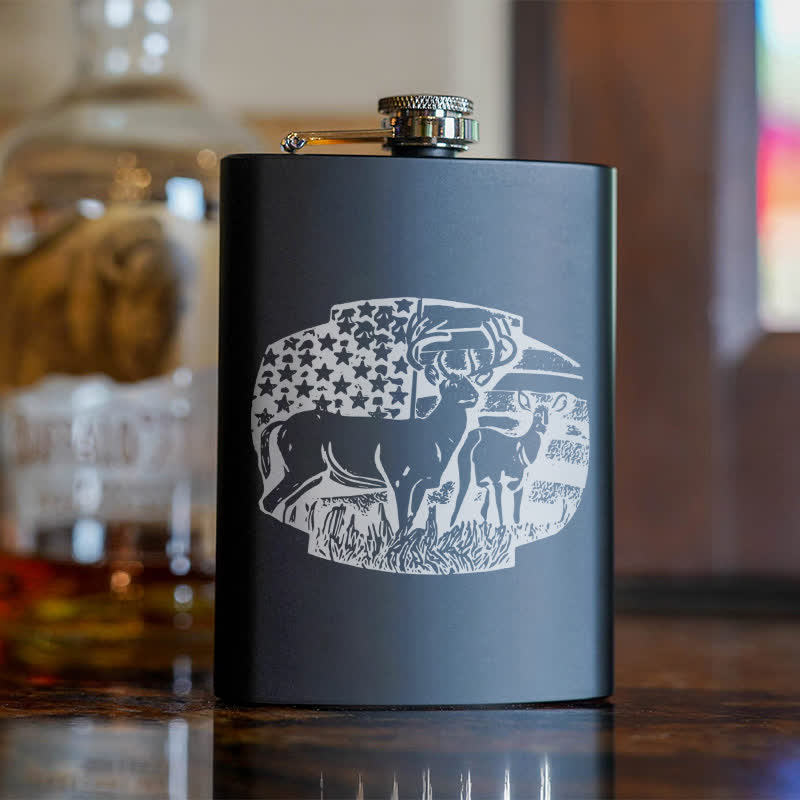 3-8 oz Deers USA Flag Laser Pattern Stainless Steel Portable Flask