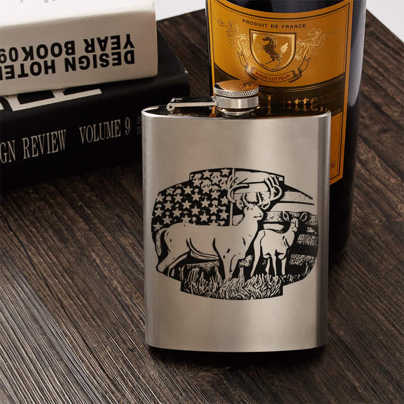 3-8 oz Deers USA Flag Laser Pattern Stainless Steel Portable Flask