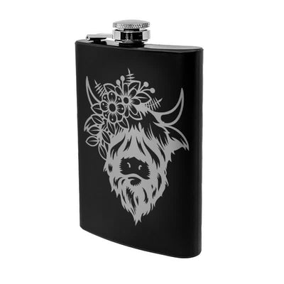 3-8 oz Cow with Flowers Laser Pattern Stainless Steel Portable Flask