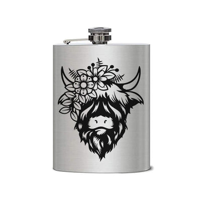 3-8 oz Cow with Flowers Laser Pattern Stainless Steel Portable Flask