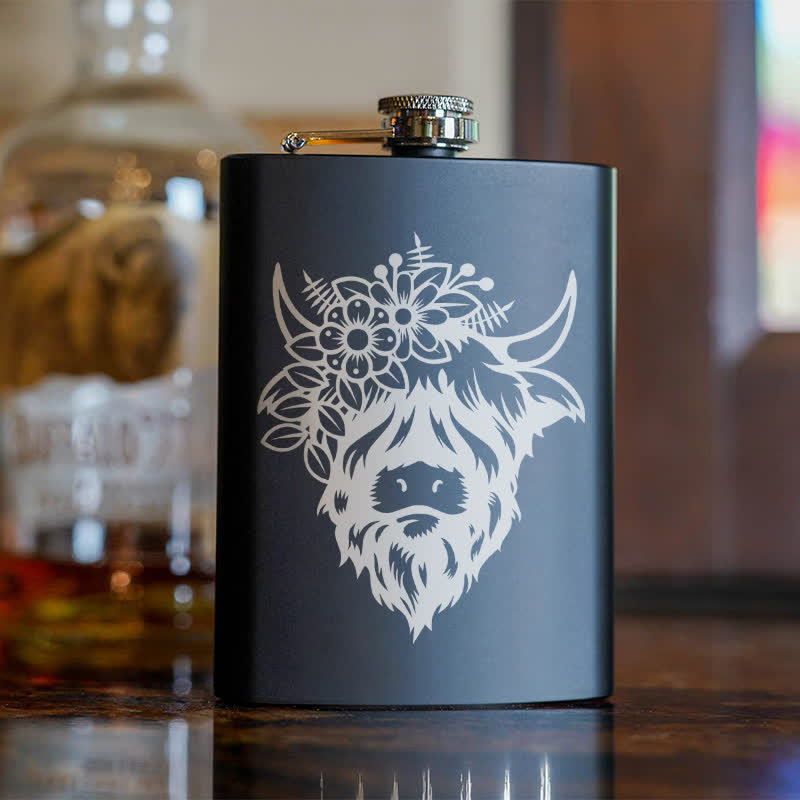 3-8 oz Cow with Flowers Laser Pattern Stainless Steel Portable Flask