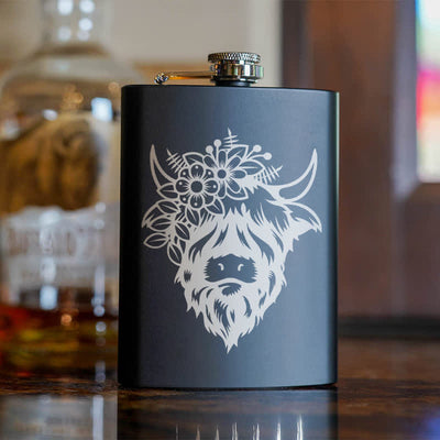 3-8 oz Cow with Flowers Laser Pattern Stainless Steel Portable Flask