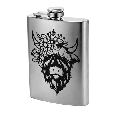 3-8 oz Cow with Flowers Laser Pattern Stainless Steel Portable Flask