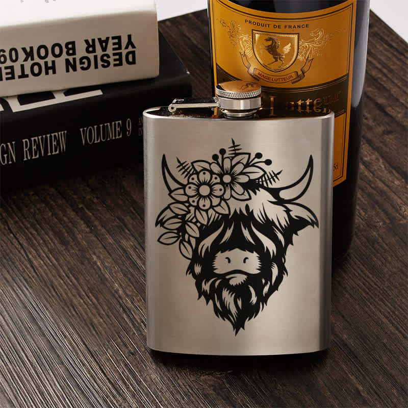 3-8 oz Cow with Flowers Laser Pattern Stainless Steel Portable Flask