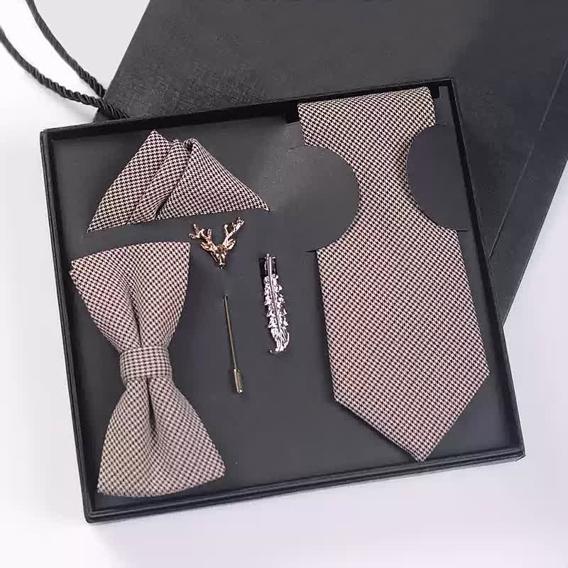 5Pcs Men's Black & Brown Houndstooth Bow Ties Gift Box