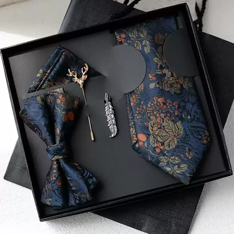 5Pcs Men's Navy & Orange Summer Flower Bow Ties Gift Box