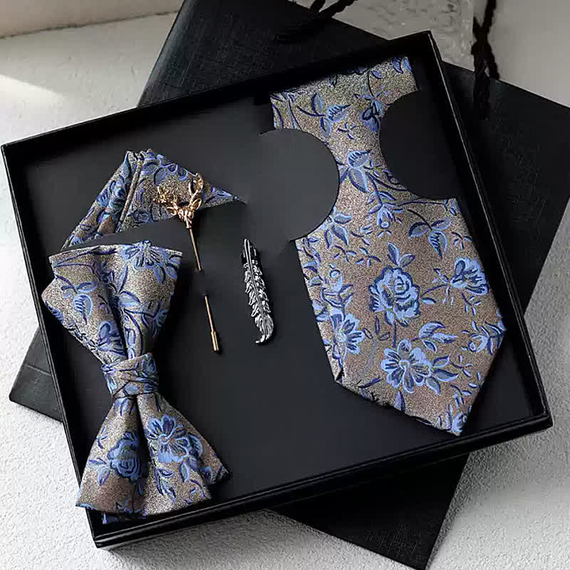 5Pcs Men's Tan & Blue Rose Floral Bow Ties Gift Box