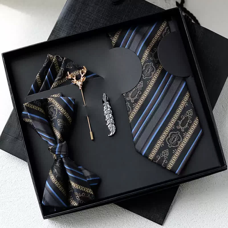 5Pcs Men's Retro Coffee & Blue Striped Bow Ties Gift Box