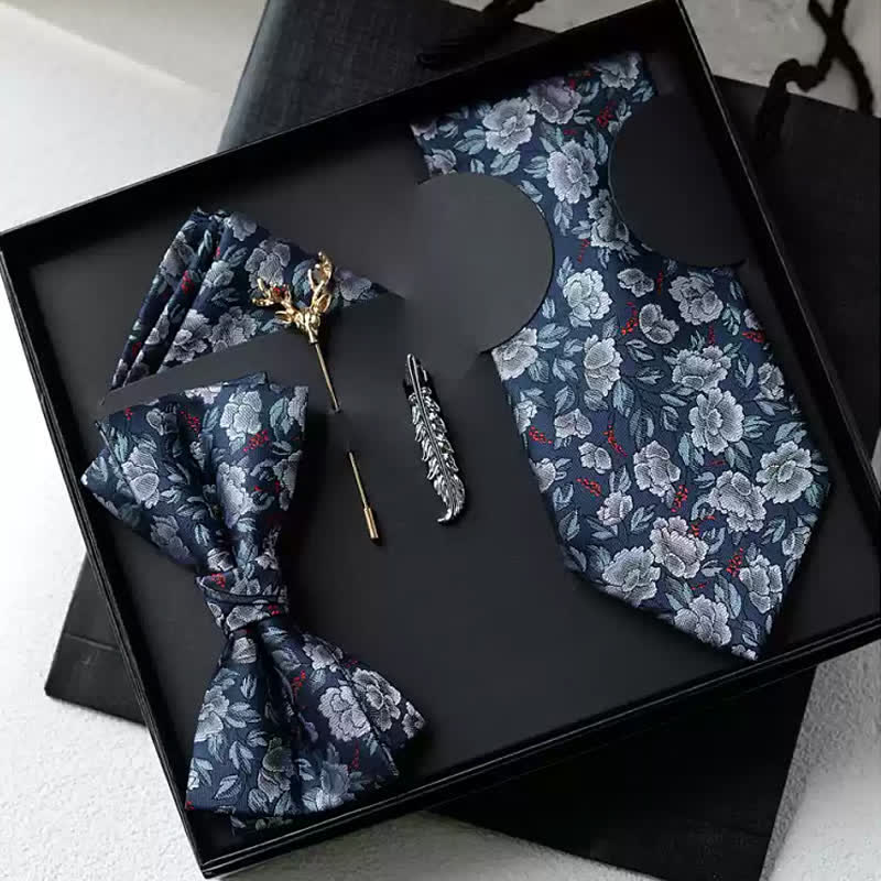 5Pcs Men's Navy & Gray Rose Floral Bow Ties Gift Box