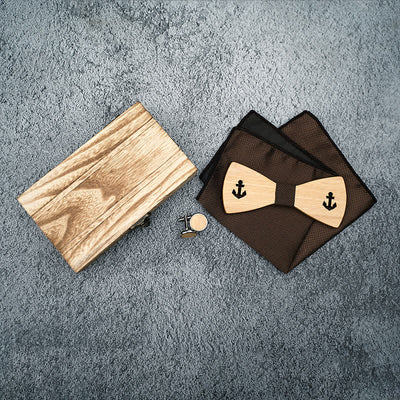 3Pcs Men's Hollow Boat Anchor Wooden Bow Tie Set