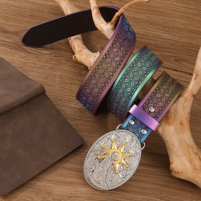 Fantastic Gradient Iridescent Strap Western Buckle Leather Belt