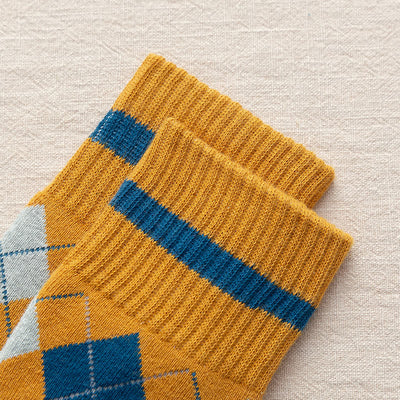Diamond Checked British Style Cotton Crew Socks