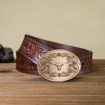 Men's DIY Longhorn Bull Creative Beer Holder Buckle Leather Belt