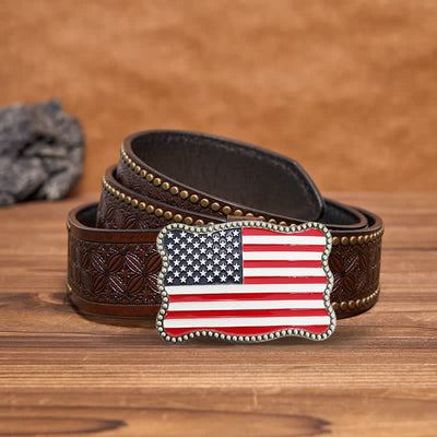 Men's DIY Creative American Flag Card Wallet Buckle Leather Belt