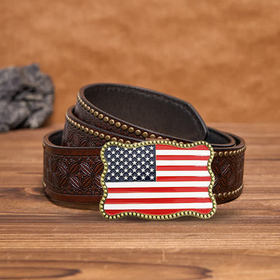 Men's DIY Creative American Flag Card Wallet Buckle Leather Belt