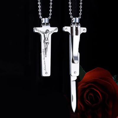 Mini Creative Jesus Holy Cross Pendant Folding Knife Necklace