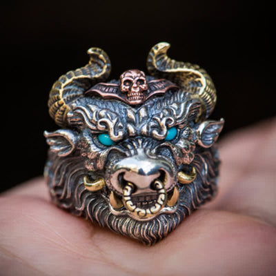 FT: Men's Domineering Bull Turquoise Eyes Adjustable Ring - image 2