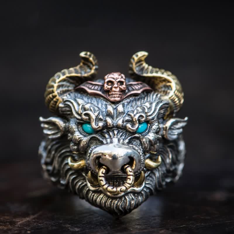 FT: Men's Domineering Bull Turquoise Eyes Adjustable Ring - Silver & Gold - image 0